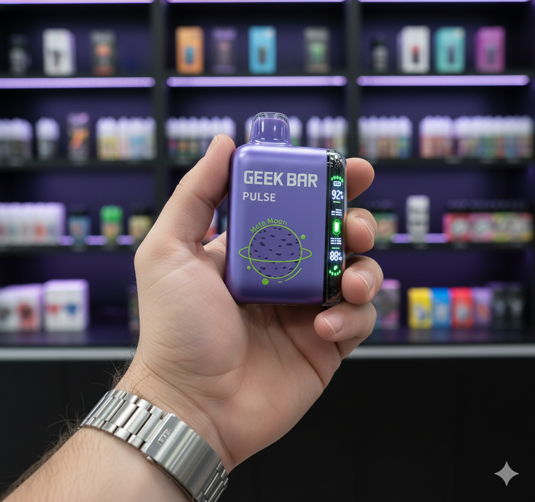 A Geek Bar Pulse in the Meta Moon flavor held in hand, with the large screen displaying the battery and e-liquid levels.