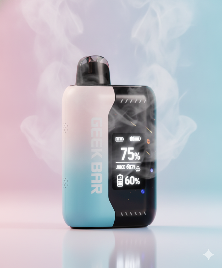 A hand holding the Pink & Blue Geek Bar Pulse X disposable vape with the 3D curved screen lit up showing battery and e-liquid levels.