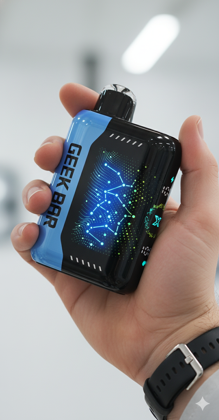 The Blue Rancher Geek Bar Pulse X vape held in hand, showcasing the vibrant blue finish and the starry LED screen animations.