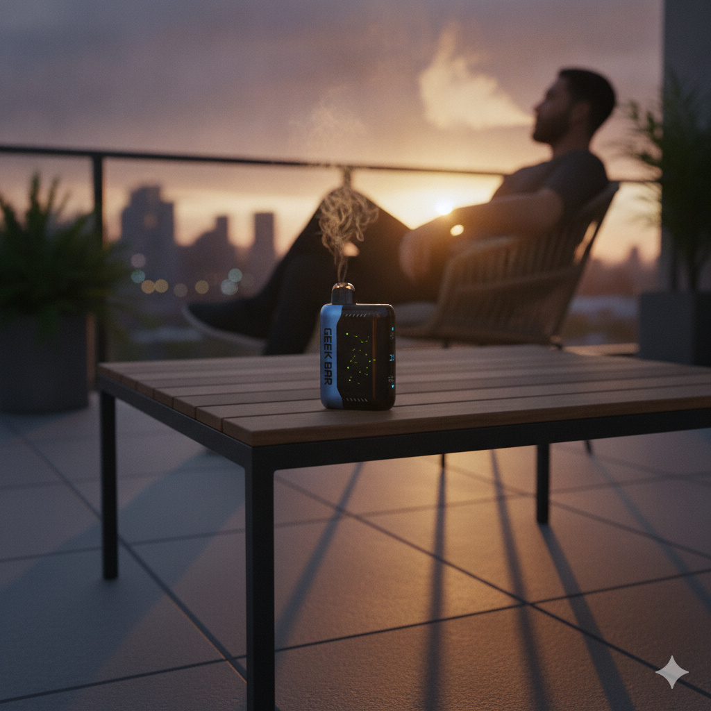 Someone enjoying the Blue Rancher Geek Bar Pulse X on a modern patio, with the disposable vape resting on an outdoor table.