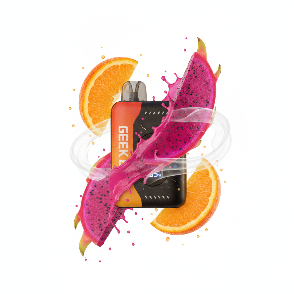 A graphic showing orange slices morphing into a pink dragon fruit to represent the Orange Dragon flavor profile.