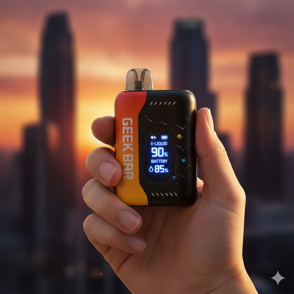 The Orange Dragon Geek Bar Pulse X held in hand, with its starry screen lit up against a blurred background.