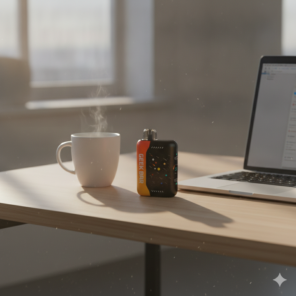 The Orange Dragon Geek Bar sitting on a desk next to a coffee cup and a laptop, showing its use in a daily setting.