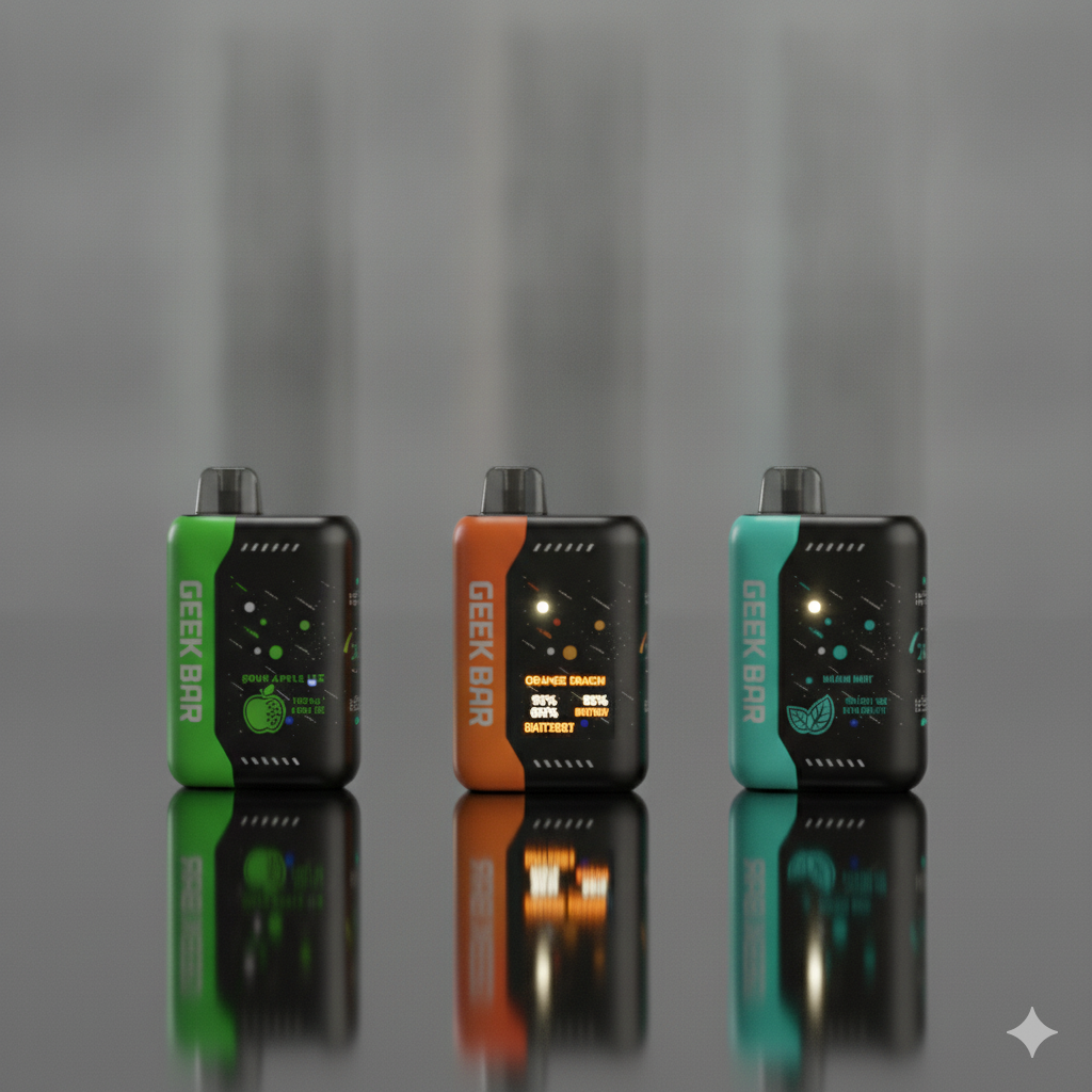 The Orange Dragon Geek Bar placed next to a Sour Apple Ice and a Miami Mint Geek Bar to compare flavors.