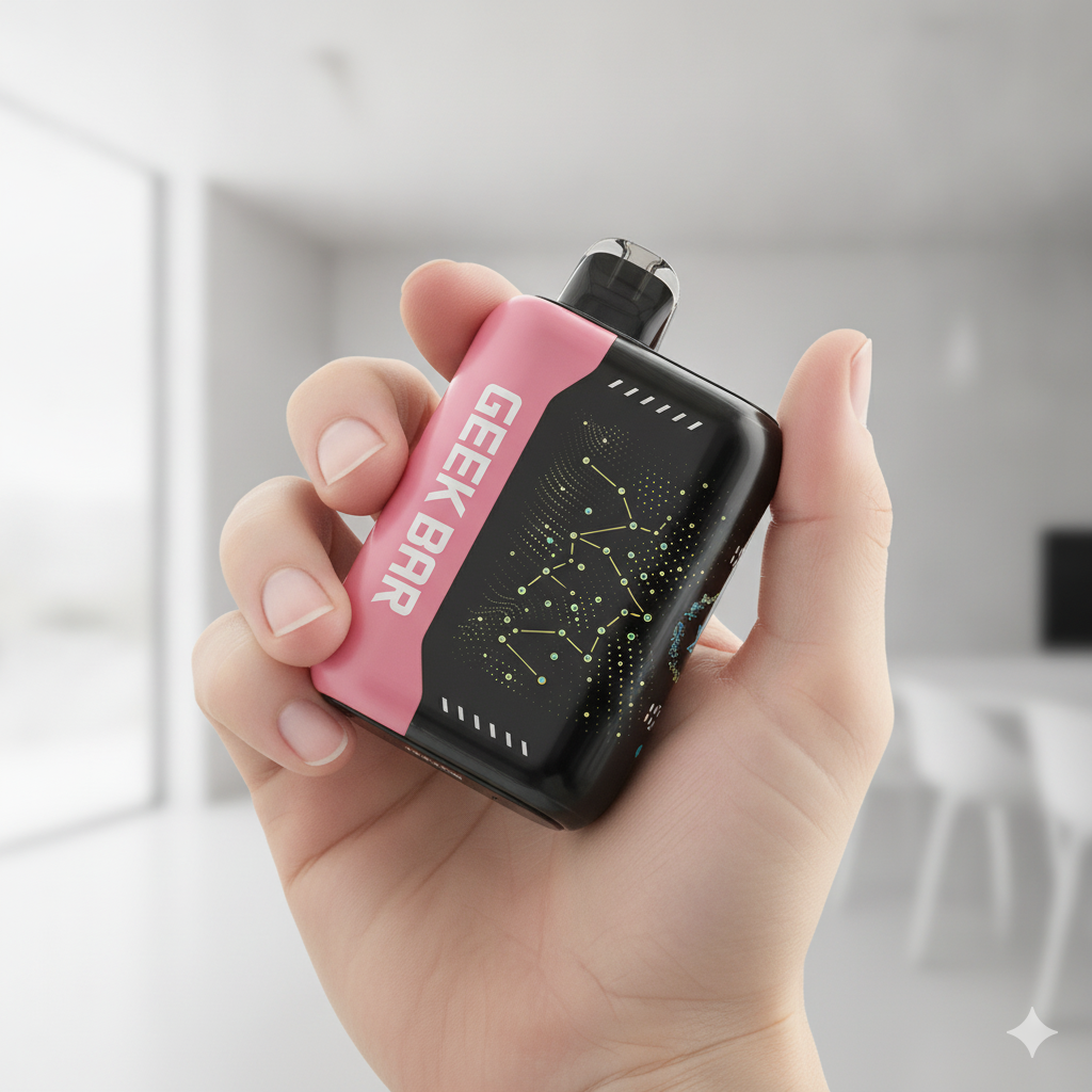 A reviewer holding the metallic silver Geek Bar Pulse X Watermelon Ice Platinum Edition, with the large 3D curved screen lit up to show the e-liquid and battery levels.