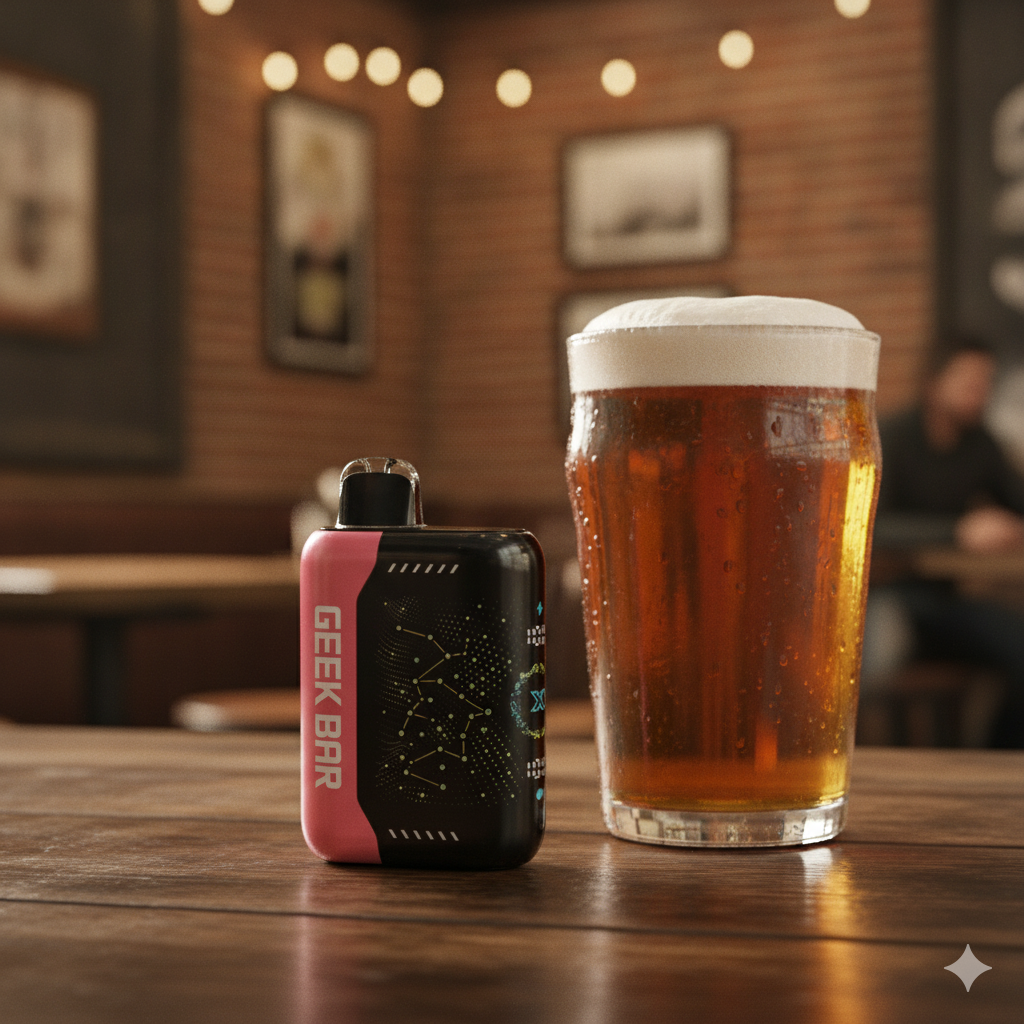 The Geek Bar Pulse X Watermelon Ice sitting on a pub table next to a cold pint, capturing a casual American social setting.