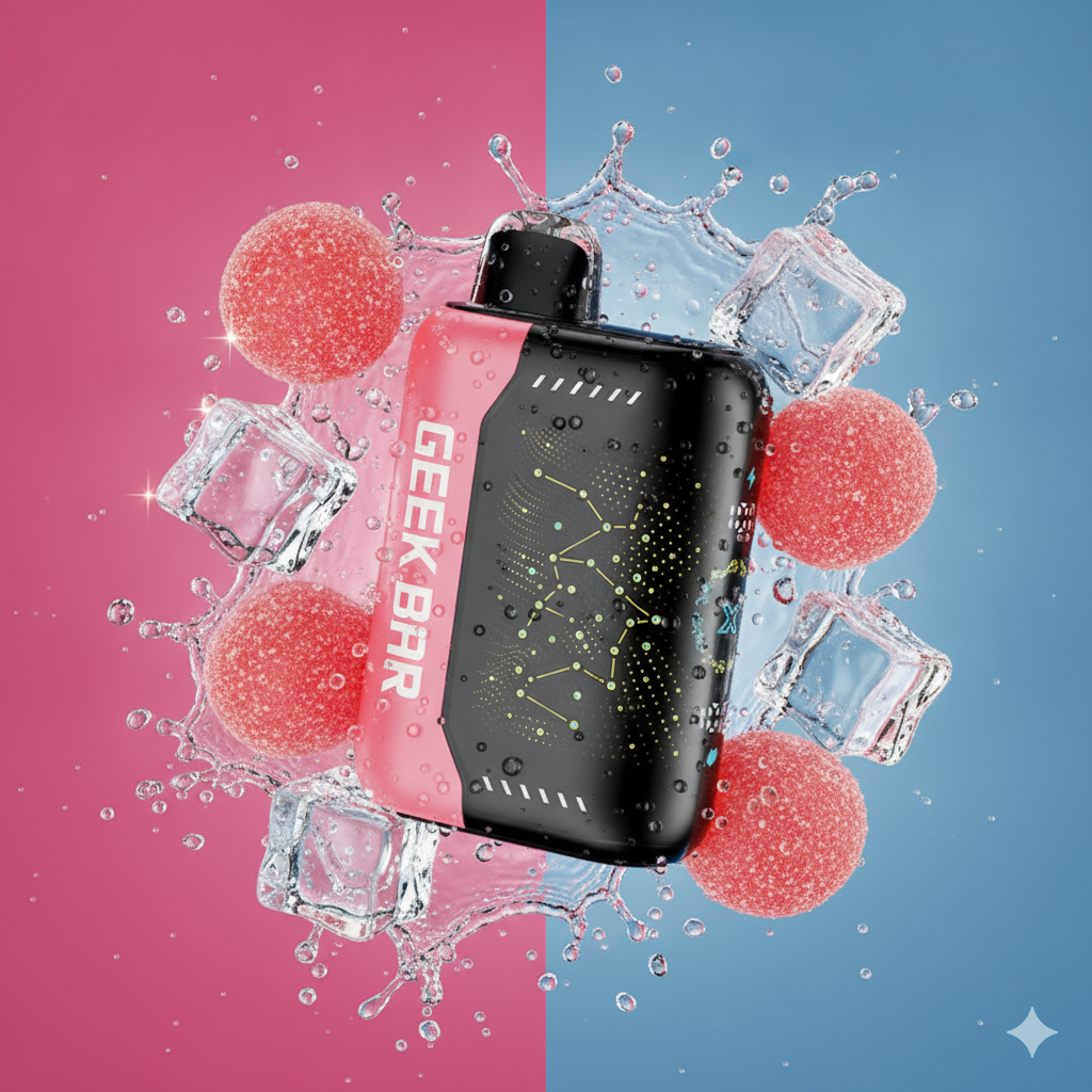 A professional graphic showing a sweet watermelon candy next to a crystal-clear ice cube, representing the bold flavor profile of the Geek Bar Pulse X Watermelon Ice