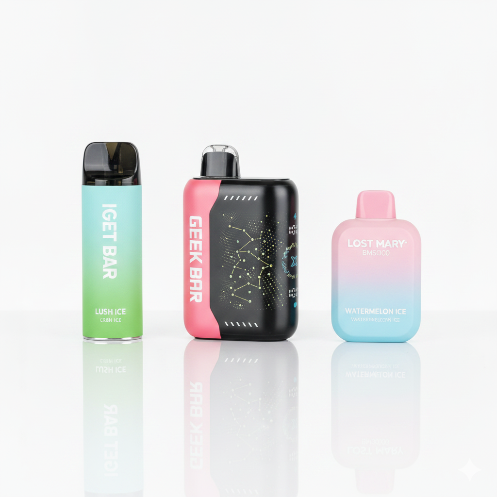 The Geek Bar Pulse X Watermelon Ice placed side-by-side between an IGET Bar Lush Ice and a Lost Mary BM5000 Watermelon Ice to compare device sizes and premium designs.