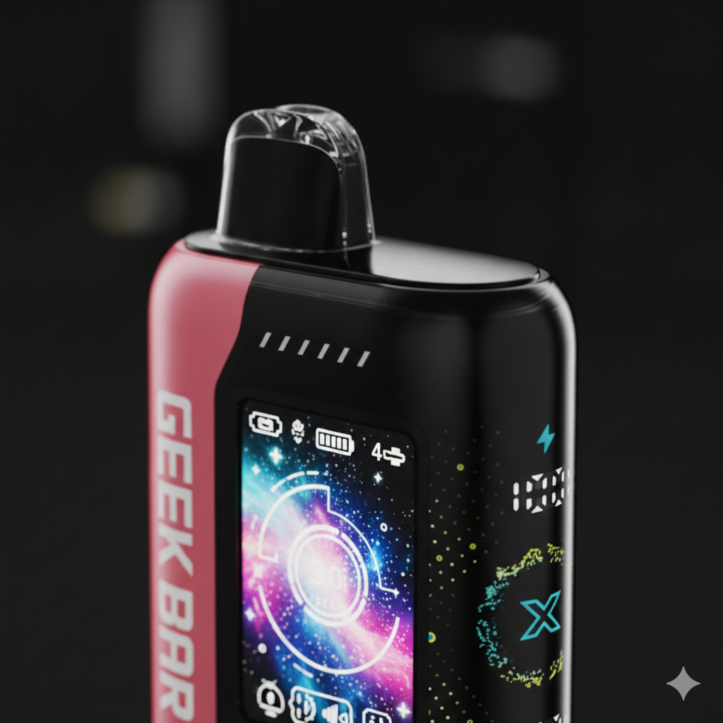 A detailed macro shot of the ergonomic mouthpiece and 3D curved screen on the Geek Bar Pulse X, showcasing the dynamic starry UI animation.