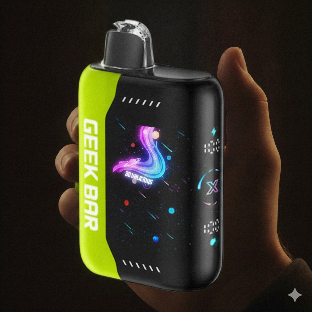 A lifestyle photograph of a young adult vaping the Dualicious Geek Bar Pulse X