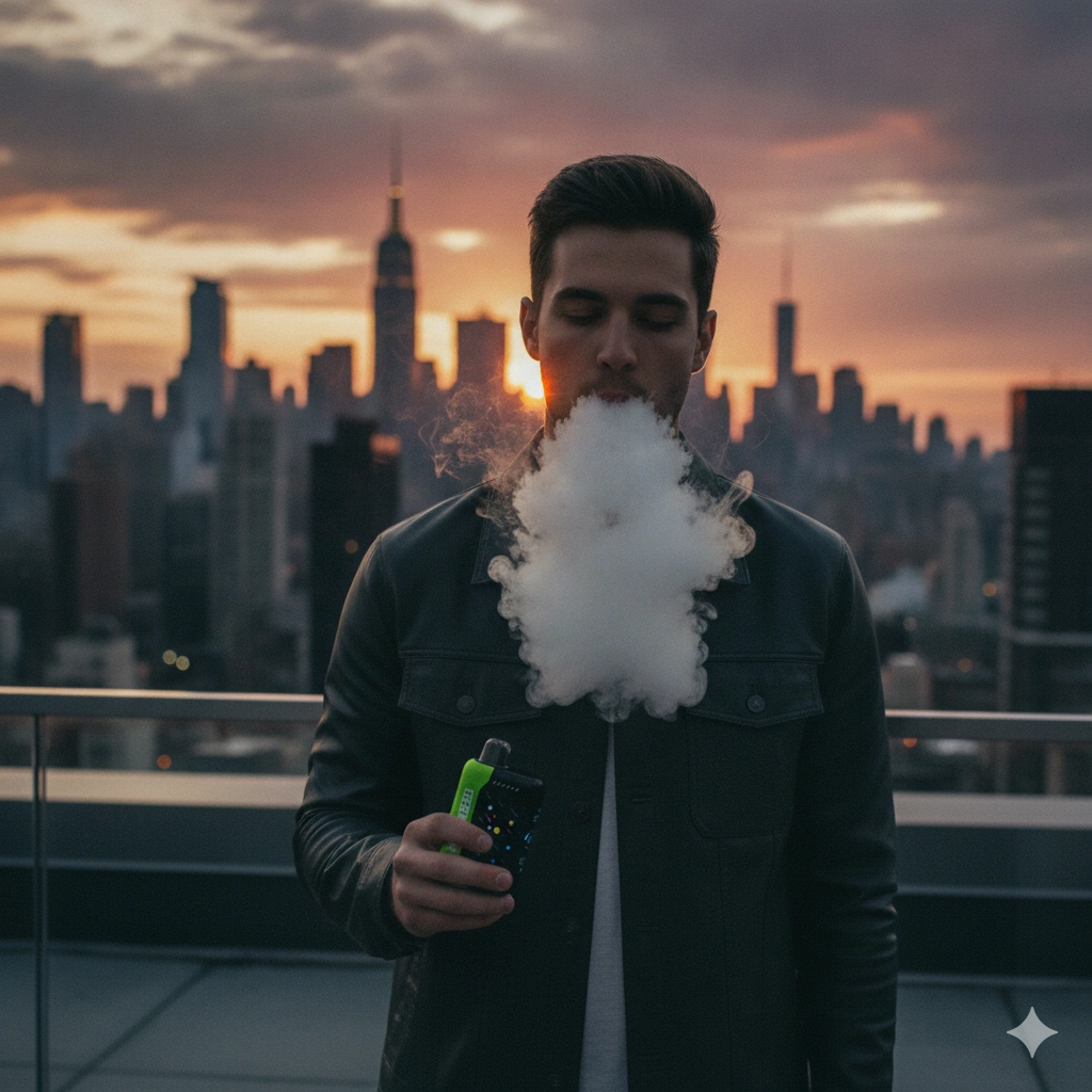 A lifestyle photograph of a young adult vaping the Dualicious Geek Bar Pulse X on a rooftop balcony overlooking the glowing skyline of New York City during a warm sunset