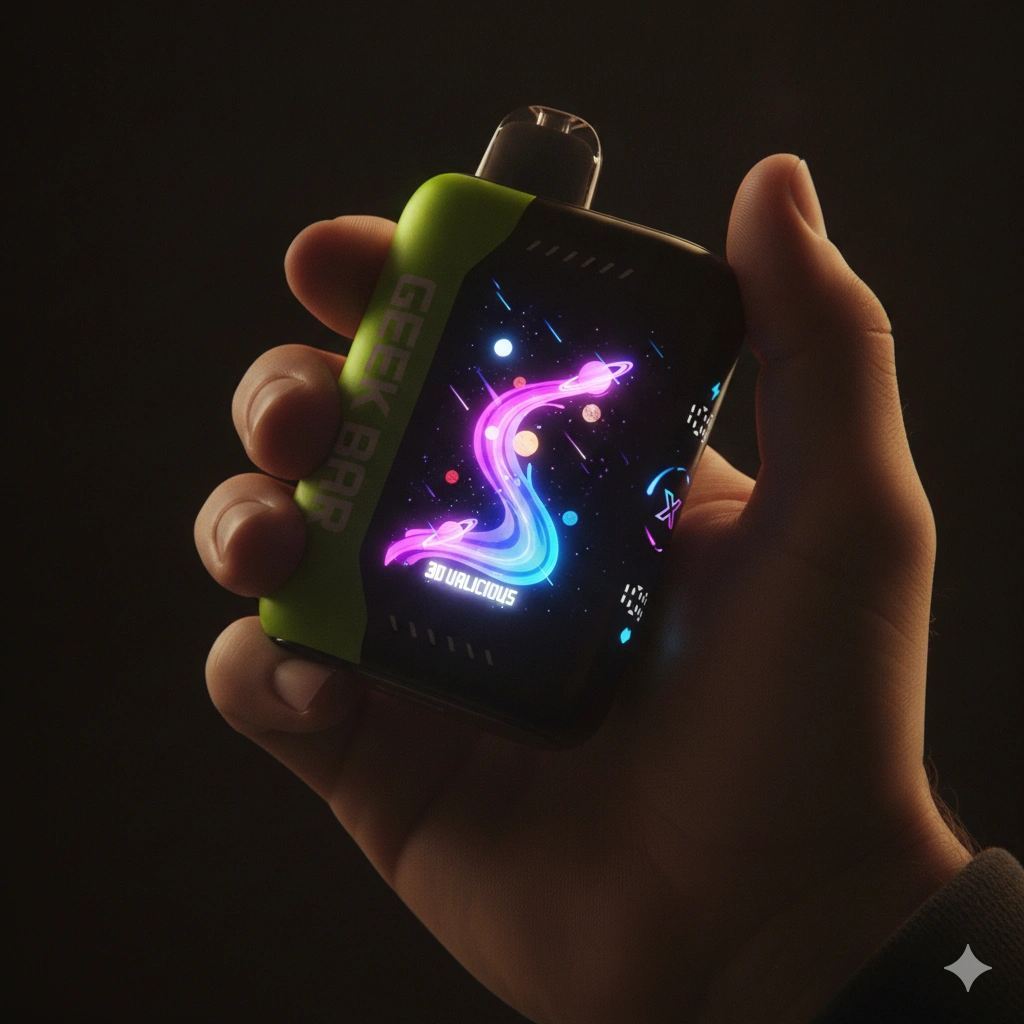 A close-up studio product photograph of a Dualicious Geek Bar Pulse X held in a hand