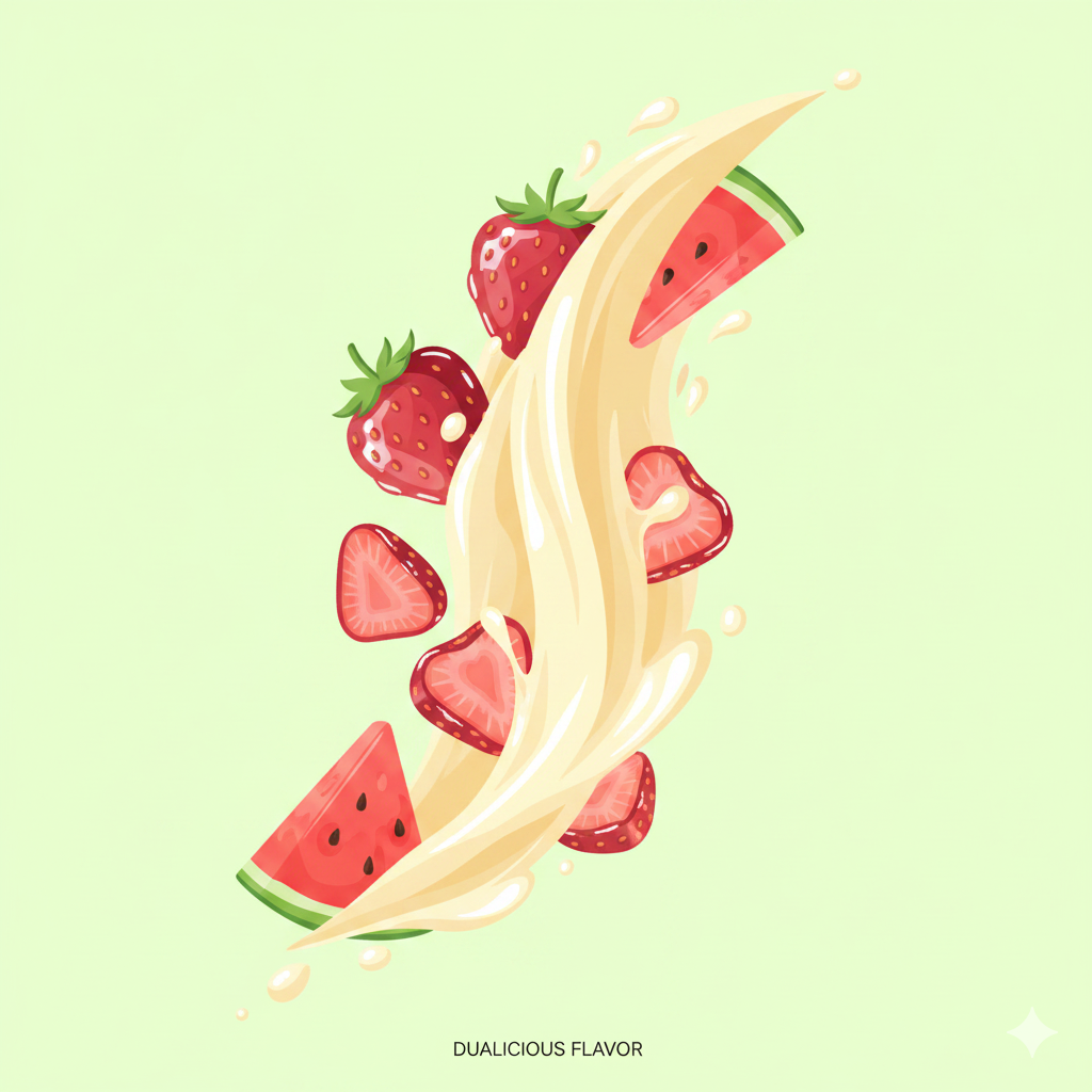 A clean, minimalist flatlay illustration representing the Dualicious Geek Bar Pulse X flavor profile.