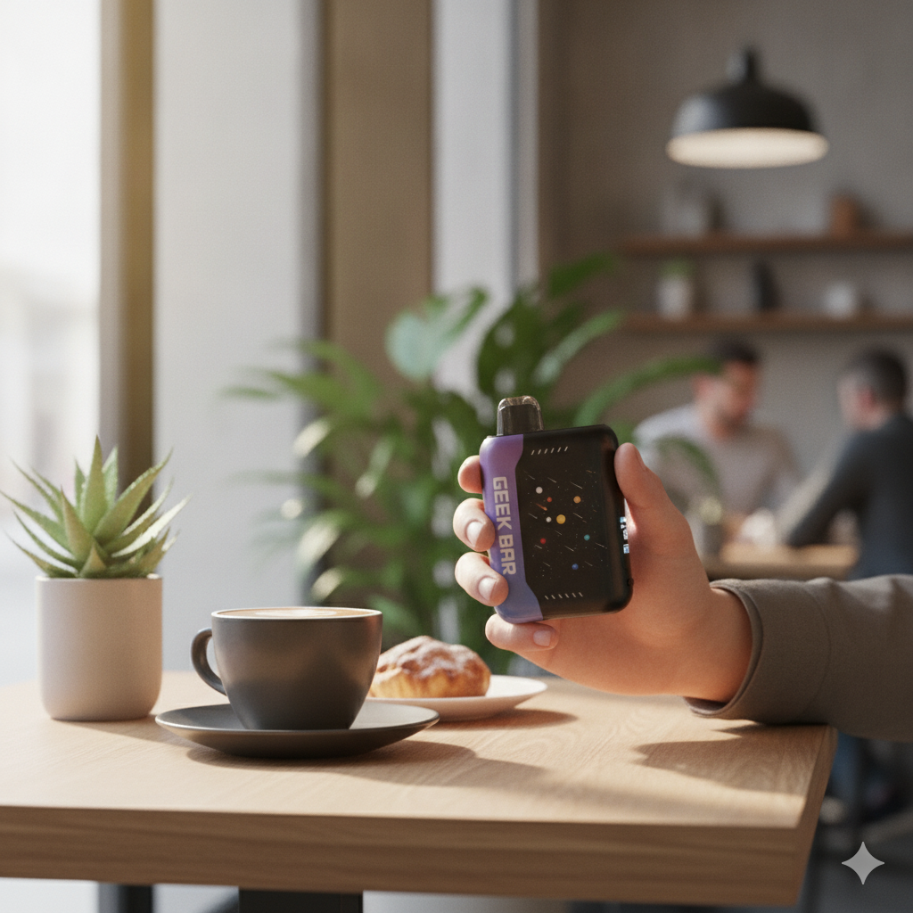 Person holding Geek Bar Pulse X while sitting in a modern café with coffee on the table, natural daylight, premium lifestyle photography, shallow depth of field, realistic skin tones, luxury editorial style.