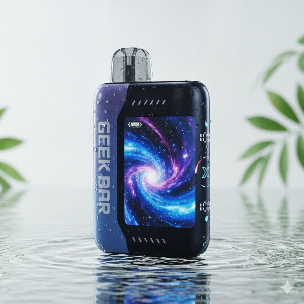A clean, refreshing commercial advertisement photo of the Geek Bar Pulse X 25K 0% Nicotine disposable vape. The device is showcased on a polished glass surface with a background of clean, bright white and soft green leaves. Gentle water ripples, bright natural lighting, conveying a pure and clean aesthetic. Highly detailed, 8k, sharp focus.