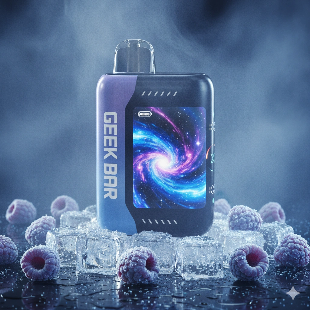 A professional studio product photograph of the Geek Bar Pulse X 25K disposable vape, showcasing its innovative wrap-around 3D curved LED screen. The screen glows brightly, displaying precise e-liquid and battery percentages. Set against a clean, minimalist dark-grey tech background with dramatic side lighting highlighting the premium textures of the device. High-tech, 8k, photorealistic, octane render.