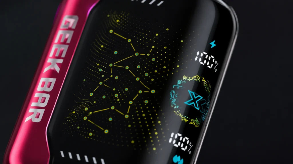 A macro photograph focusing on the curved 3D screen of the Geek Bar Pulse X 25000 vape. The screen is illuminated, displaying detailed battery and e-juice percentage graphics with a starry space constellation animation. Soft reflections catch the polished dark plastic frame of the device. High-end tech product review aesthetic, clean focus, ultra-detailed,