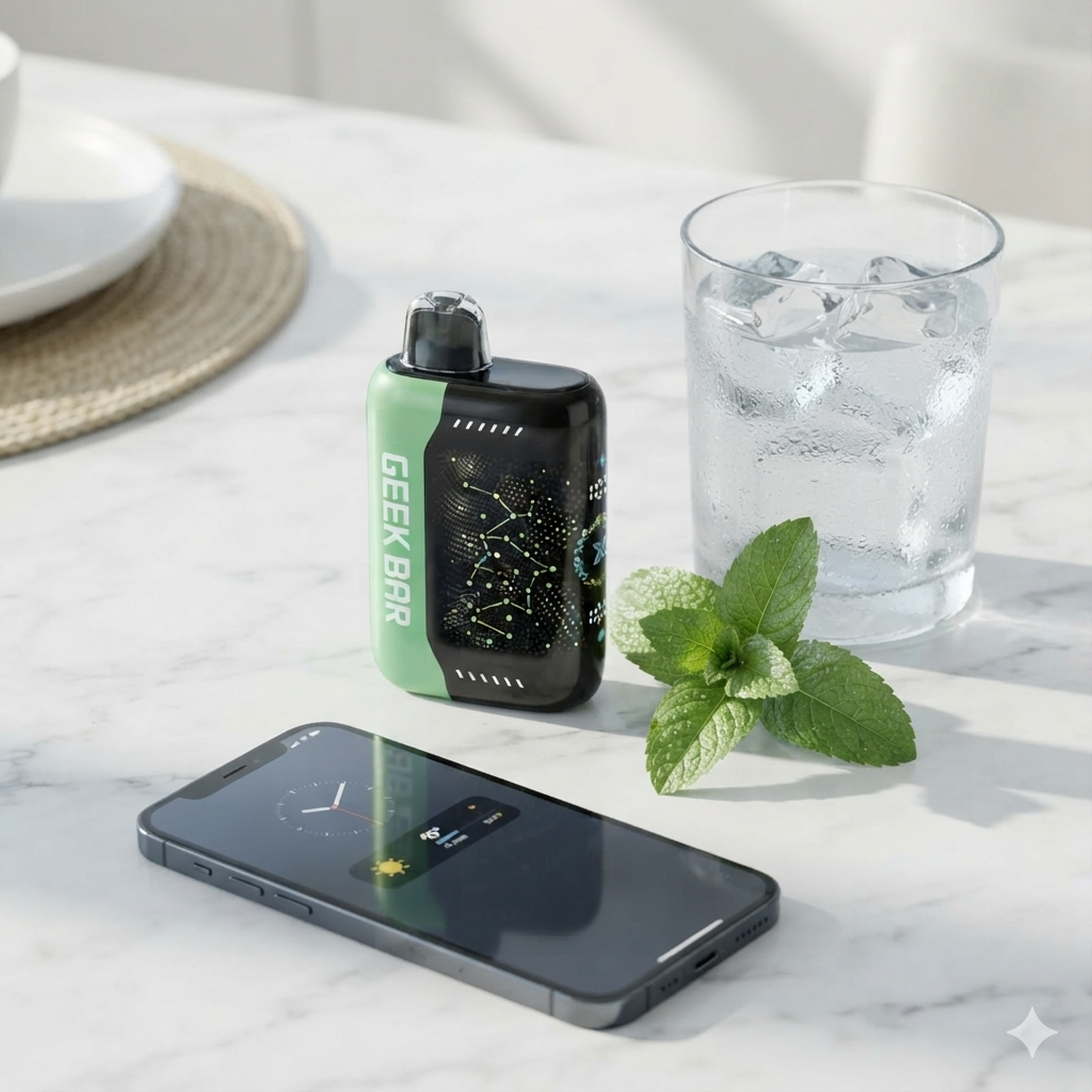 A flat-lay aesthetic shot of a Miami Mint Geek Bar Pulse X resting next to a cold glass of iced water, fresh mint leaves, and a sleek smartphone on a white marble table. Bright, natural California morning sunlight casts soft shadows across the scene, creating a clean, modern lifestyle vibe.