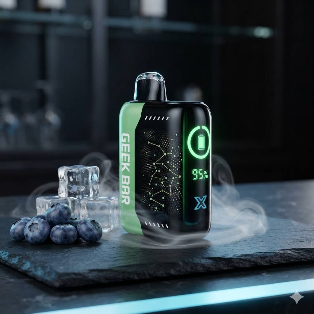 premium product photograph of a Geek Bar Pulse X vape sitting on a sleek, black slate countertop next to fresh blueberries and ice cubes. The device's 3D curved screen glows softly with a green battery percentage ring. Soft, clean vapor swirls around the base under premium studio lighting with neon blue accents, ultra-detailed 8k resolution.