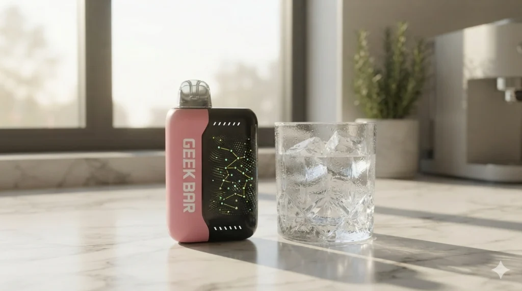 A realistic lifestyle photograph of the sleek Geek Bar Pulse X 25000 vape resting next to a cold glass of iced water on a marble countertop. In the background, soft morning sunlight filters through a modern kitchen window, creating clean shadows. Highly detailed, realistic textures, cinematic lighting, professional editorial photography,