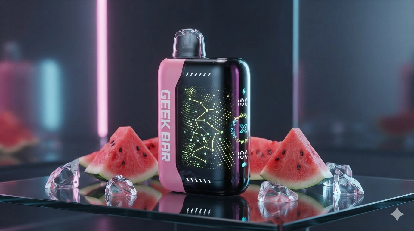 A highly realistic studio product photograph of the Geek Bar Pulse X 25000 disposable vape in the Watermelon Ice edition. The device stands upright, showing off its glowing 3D curved starry sky constellation screen. Fresh, juicy watermelon slices and sharp, clean shards of ice are scattered on a sleek, reflective dark glass table. Soft neon pink and cool blue background lighting highlights the modern design, photorealistic,