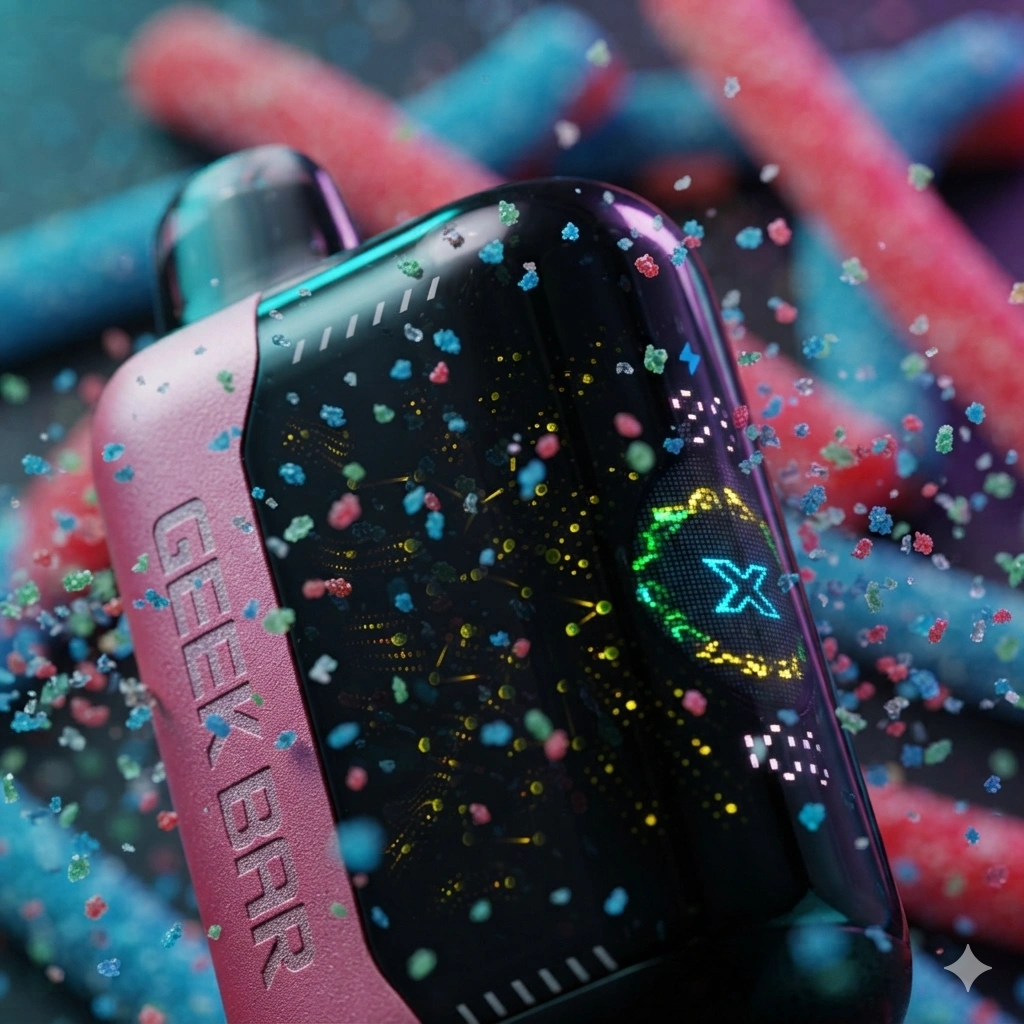 A macro close-up photograph of the Geek Bar Pulse X vape device, emphasizing the textured outer shell and glowing circular screen. The device is surrounded by sparkling, multicolored sour sugar crystals suspended in mid-air.