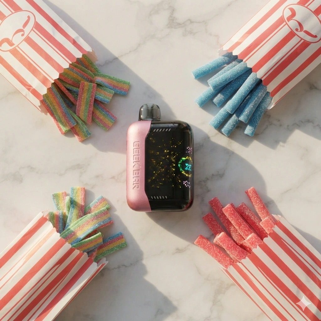 A top-down flat-lay photograph of a Geek Bar Pulse X vape device placed on a clean, light-gray marble countertop. Surrounded by nostalgic, retro striped candy paper bags spilling over with sour rainbow candy belts and red and blue candy straws